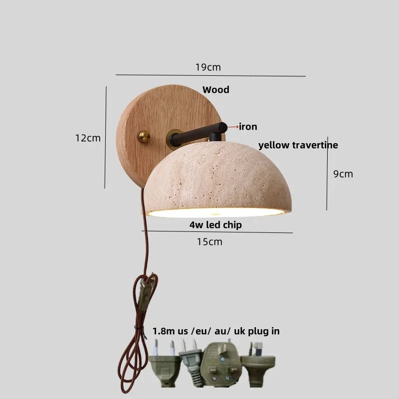 Helnys Canopy LED Wall Light Yellow Travertine Bedside Lamp Modern Iron Fixture