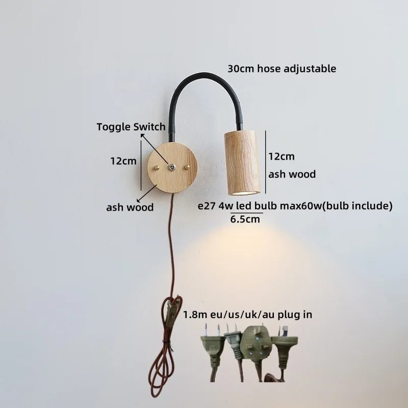 Helnys Wooden Bedside LED Wall Lamp Japan Style Home Decor Fixture