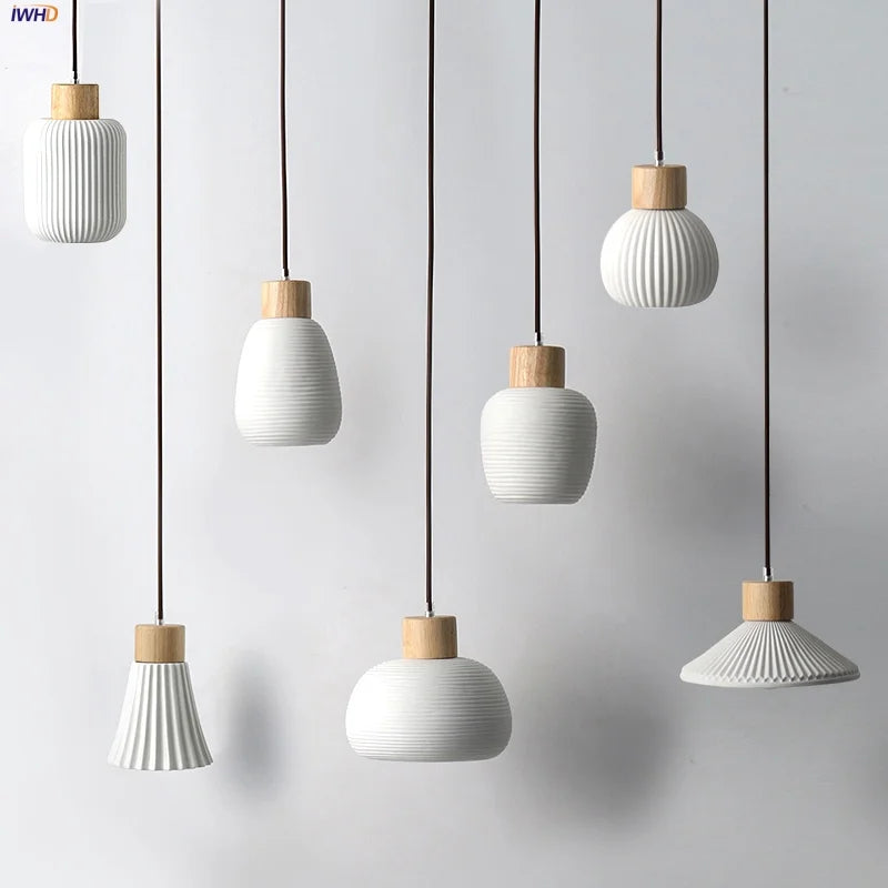 Helnys Natural Wood and Ceramic LED Pendant Light Fixture for Kitchen and Dining Room
