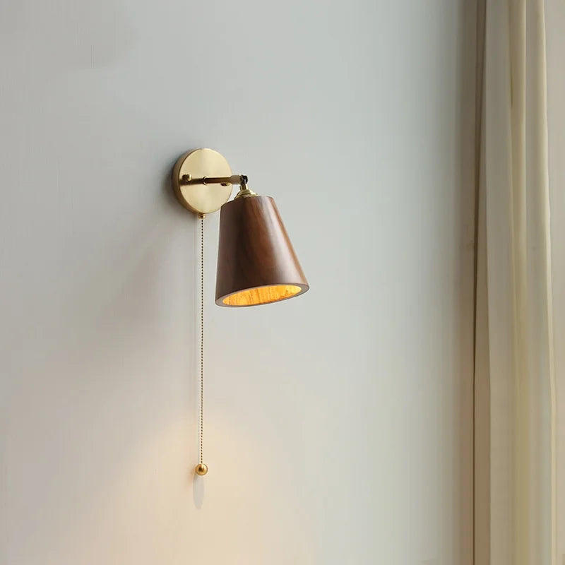 Helnys Walnut Wood LED Wall Light Fixture Sconce Rotate Copper Socket Bedside Lamp