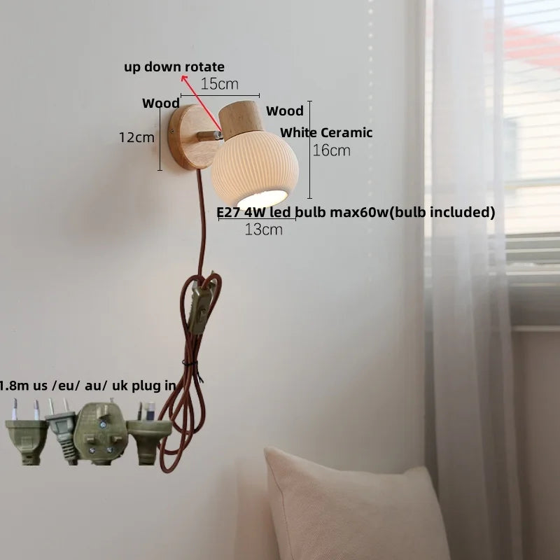 Helnys White Ceramic LED Wall Lights with Pull Chain Switch - Modern Nordic Design
