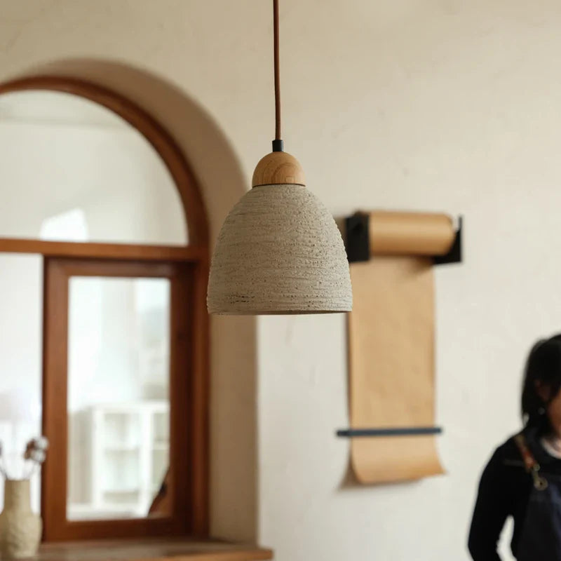 Helnys Modern Wood Cement LED Pendant Light Fixture, Adjustable Hanging Lamp