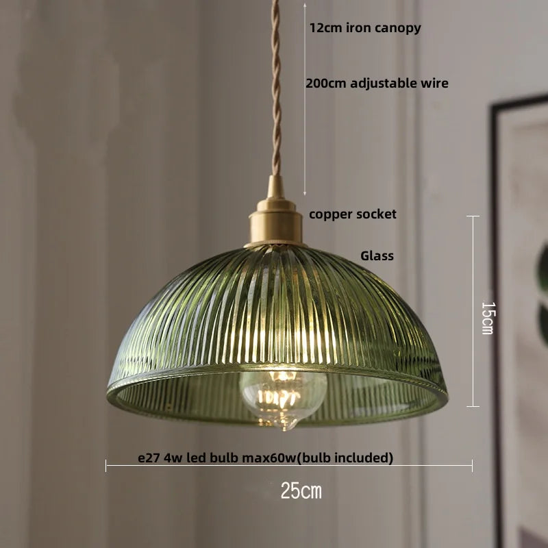 Helnys Amber Glass LED Pendant Lamp Nordic Modern Walnut Wood Copper Hanging Light