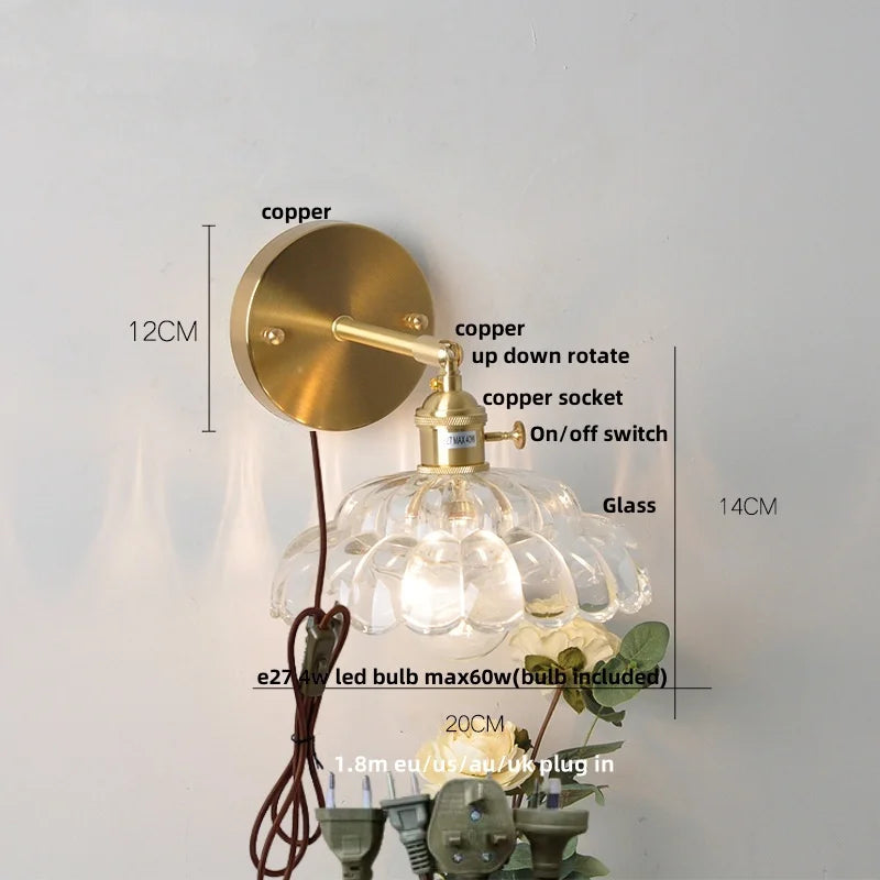 Helnys LED Wall Lights with Pull Chain Switch and Clear Glass Up Down Rotate Copper Finish