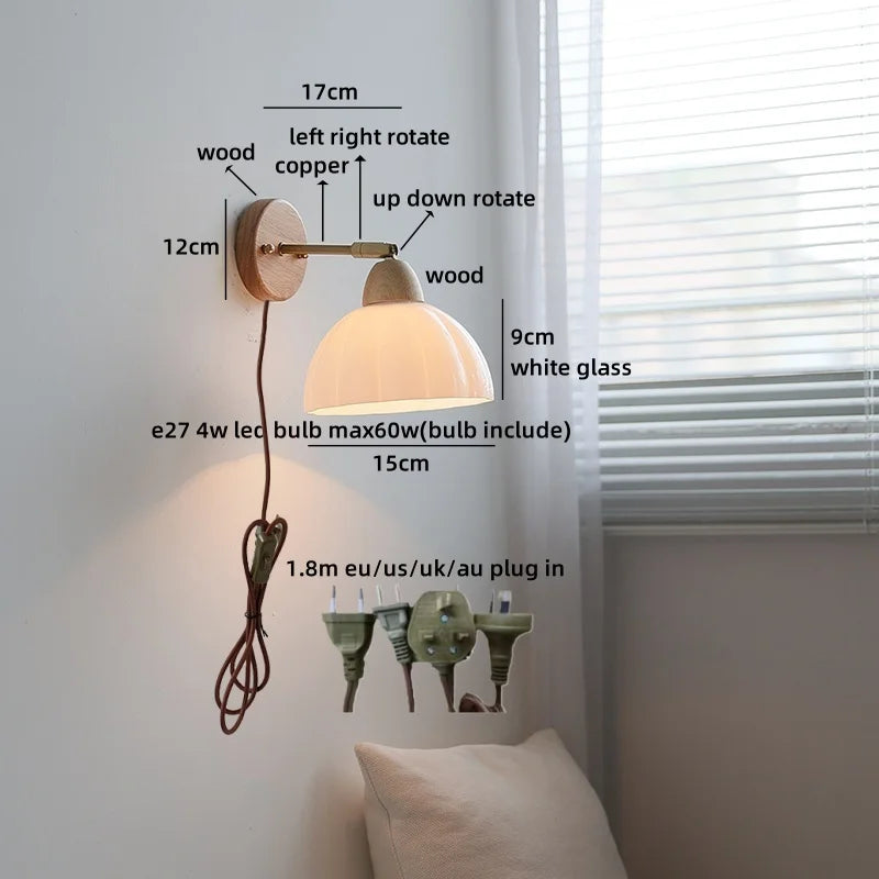 Helnys White Ceramic LED Wall Sconce Lamp Wooden Socket Stair Light Fixtures