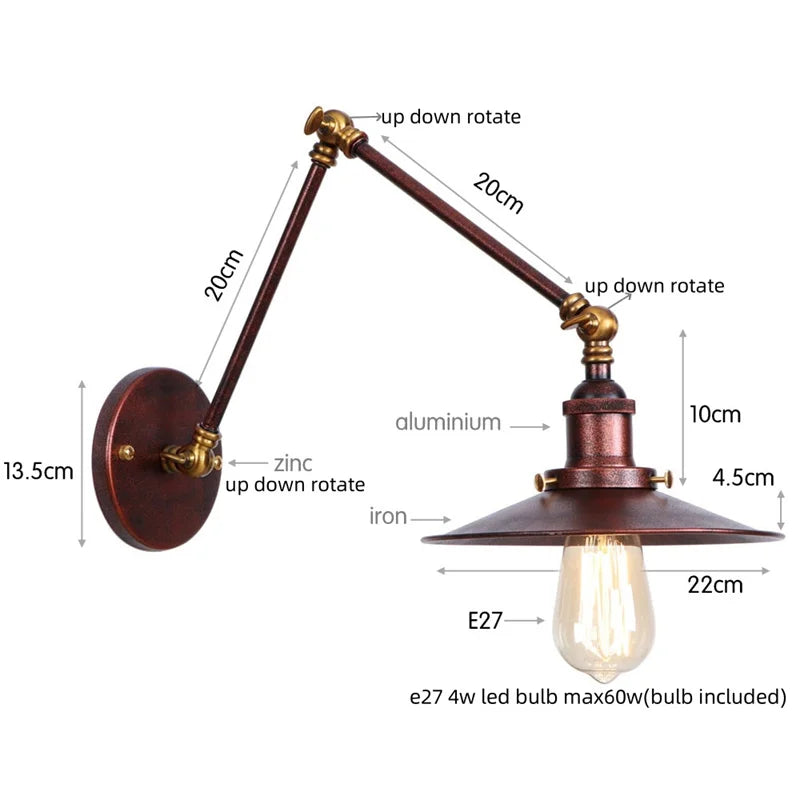 Helnys Adjustable Black Iron LED Wall Light - Industrial Vintage Bedside Lamp