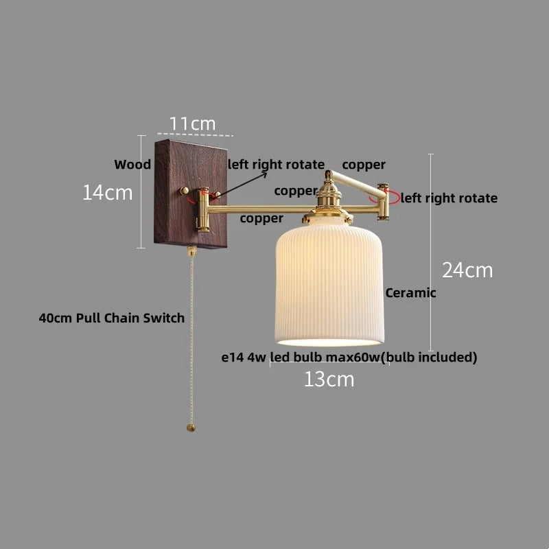 Helnys Wood Swing Arm LED Wall Light Rotatable Bedside Lamp