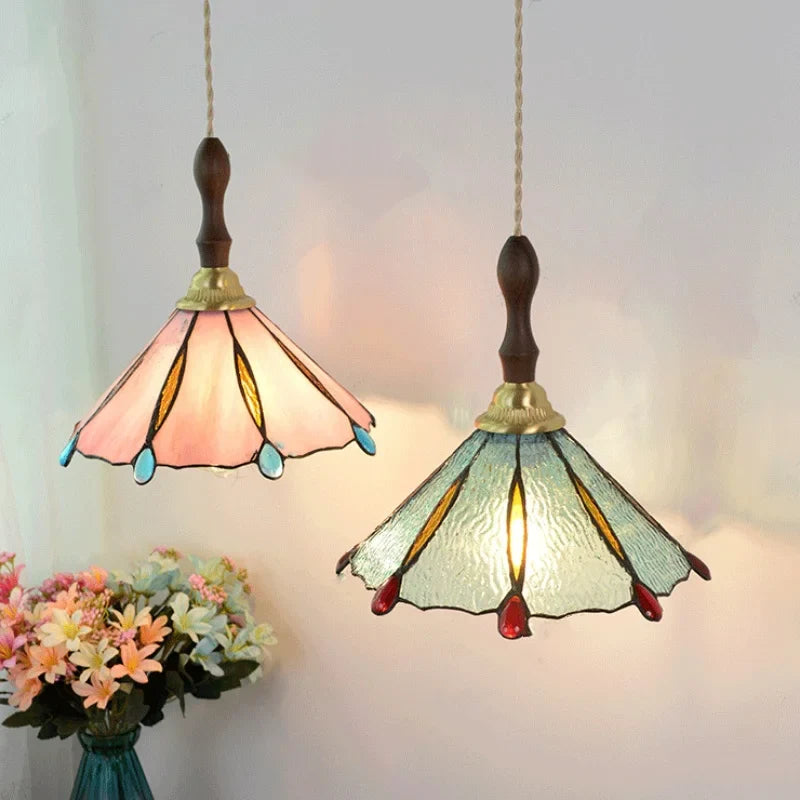 Helnys Tiffany Glass Pendant Lights Vintage Walnut Wood LED Hanging Lamp