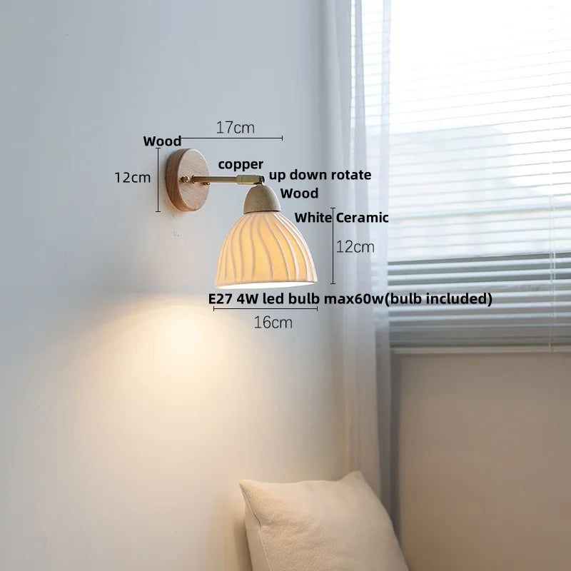 Helnys Iron Wood LED Wall Light Pull Chain Switch White Glass Rotate Bedside Lamp