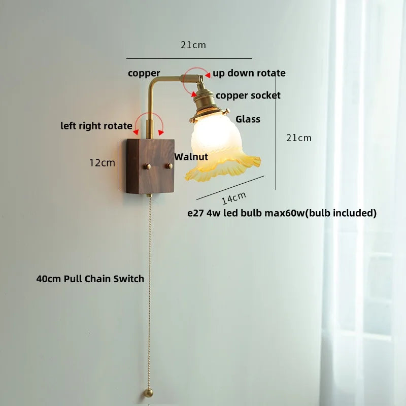 Helnys Brass Walnut Wood LED Wall Sconce Rotatable Glass Stair Light