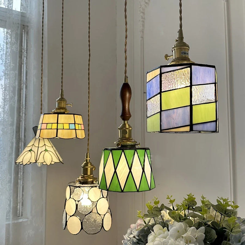 Helnys Vintage Europe Style LED Pendant Light with Wood, Copper, Glass Lampshade