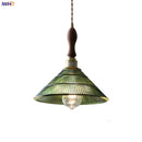 Helnys Walnut Wood LED Pendant Light Fixture with Adjustable Green Glass