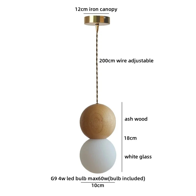 Helnys Modern Nordic Wood Glass Ball LED Pendant Lights for Home Decor