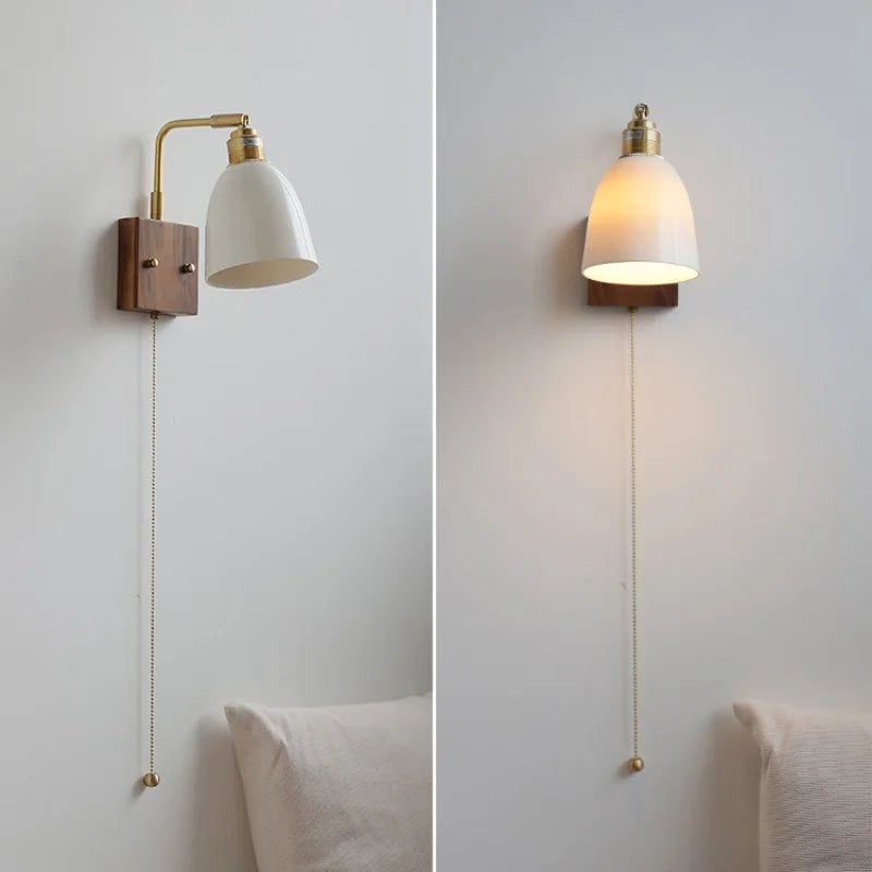 Helnys Glass Ceramic LED Wall Sconce Walnut Wood Modern Rotatable Mirror Light