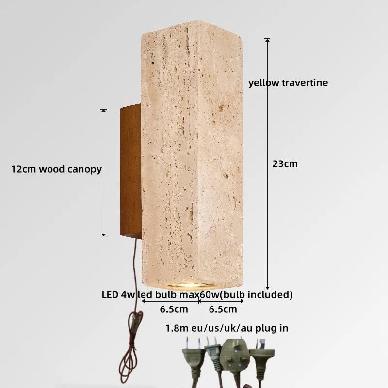 Helnys Yellow Travertine Stone LED Wall Sconce Light for Bedroom Living Room