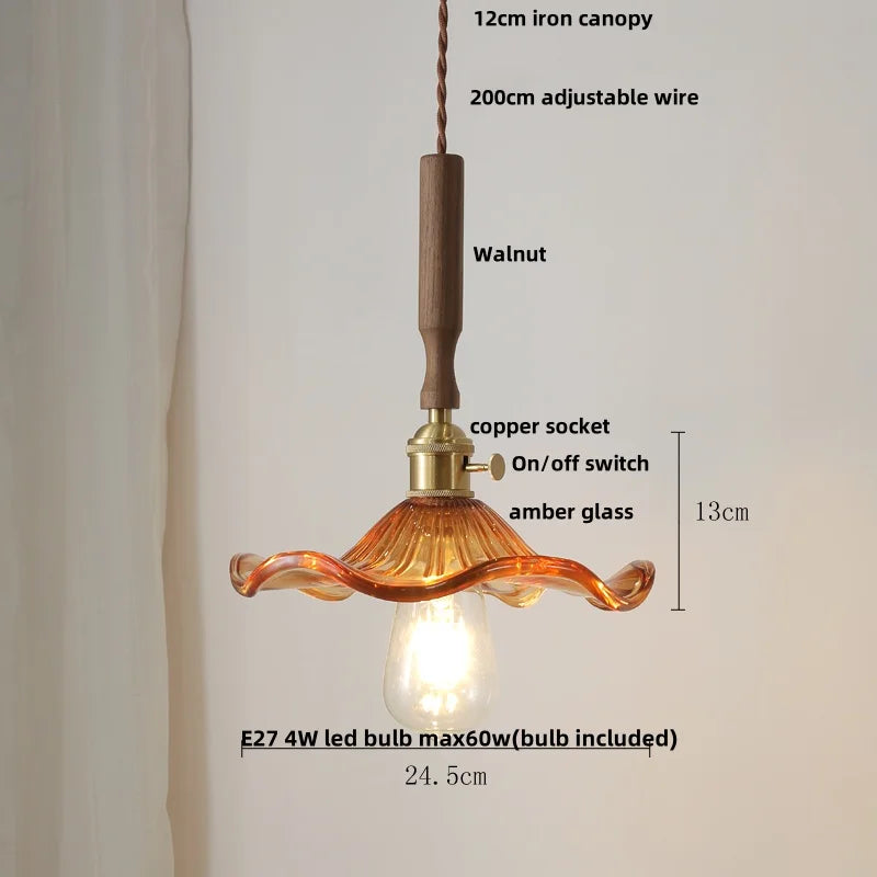 Helnys Amber Glass LED Pendant Lamp with Walnut Wood Accent