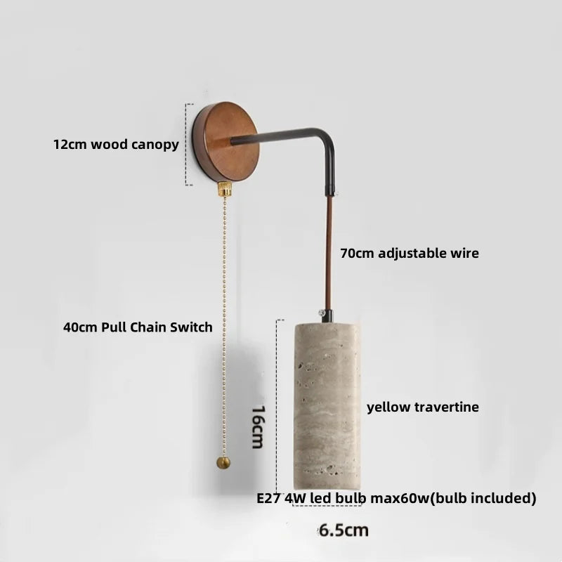 Helnys Adjustable LED Wall Lamp Pull Chain Switch Wood Nordic Modern Yellow Travertine