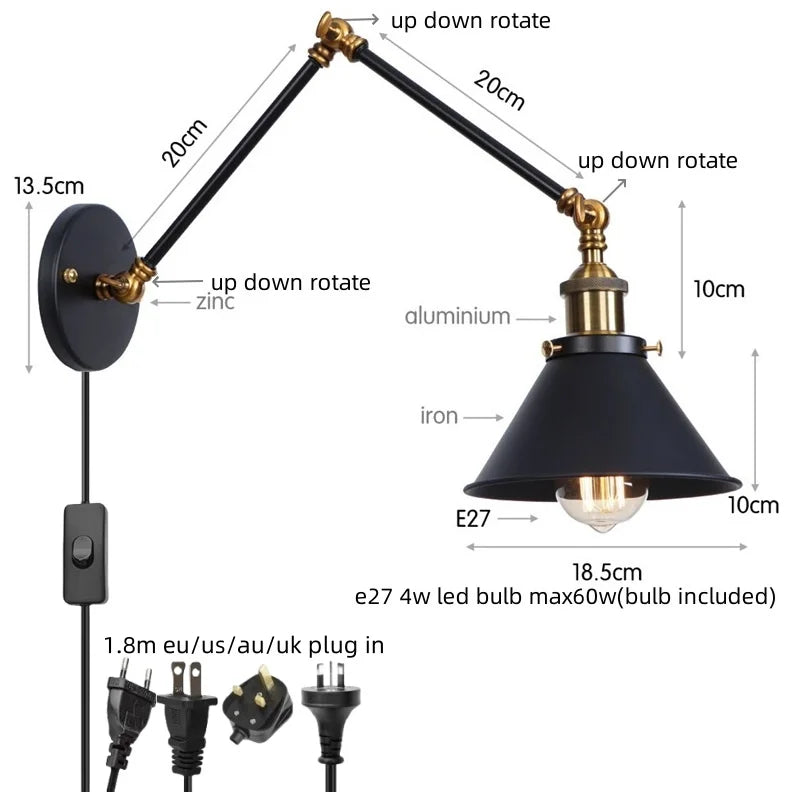 Helnys Vintage Iron LED Wall Lamp with Pull Chain Switch
