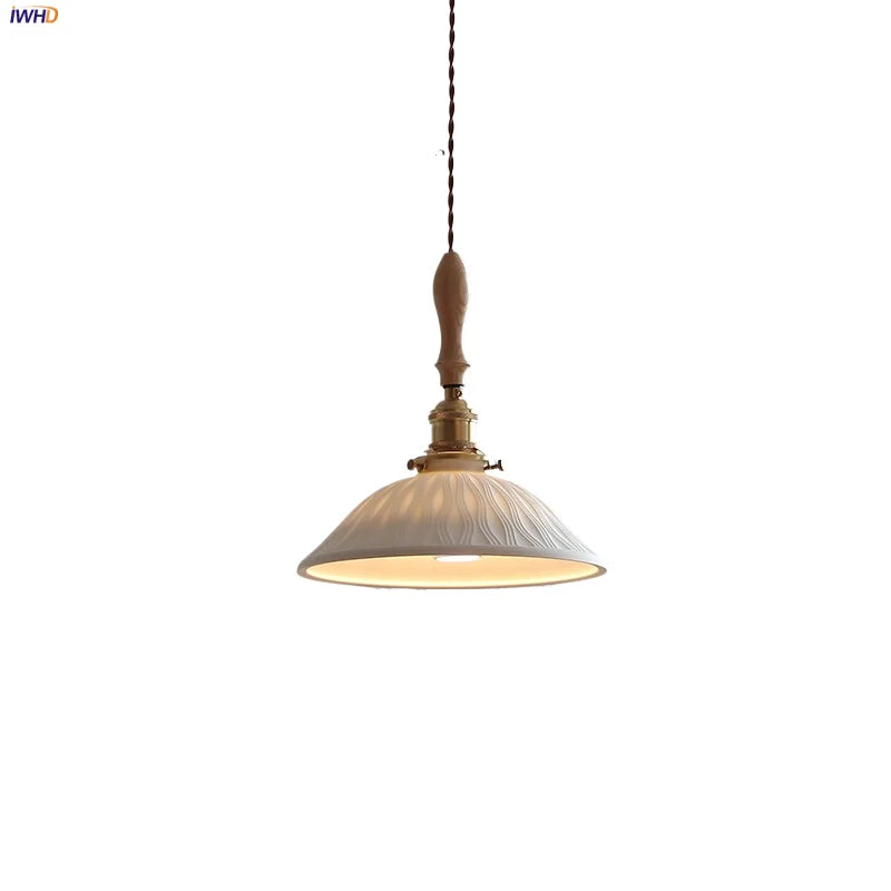 Helnys Adjustable LED Pendant Lights Ash Wood White Ceramic Nordic Hanging Lamp
