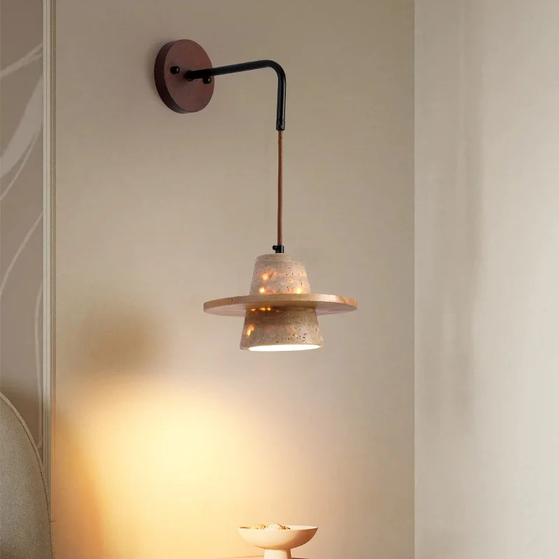 Helnys LED Wall Lights Nordic Modern Pull Chain Switch Yellow Travertine Stone Bedside Lamp