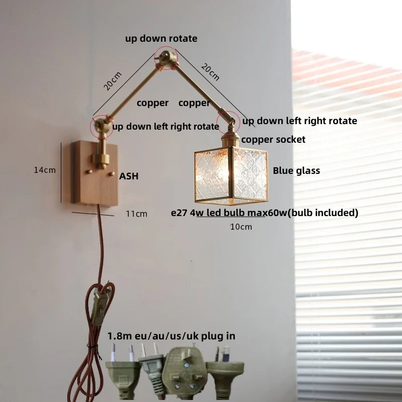 Helnys Modern LED Wall Lamp Glass Pull Chain Switch Rotatable Swing Arms Fixtures