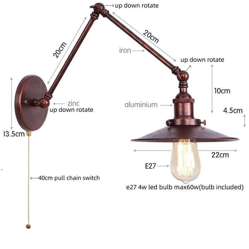 Helnys Vintage Industrial Style Long Arm LED Wall Sconce Bedside Lamp