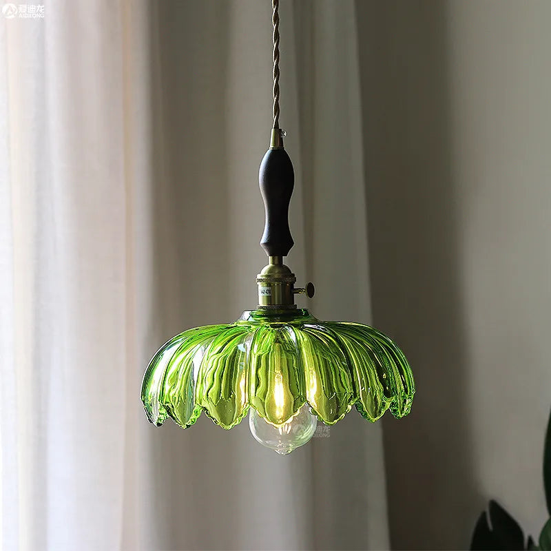 Helnys Walnut Wood LED Glass Pendant Light Fixture Adjustable Modern Hanging Lamp