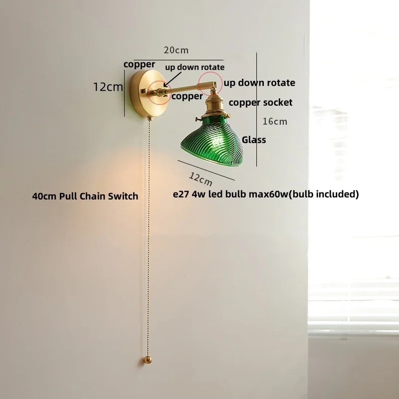 Helnys Brass Swing Arms LED Wall Light, Modern Nordic Clear Glass Bedside Lamp