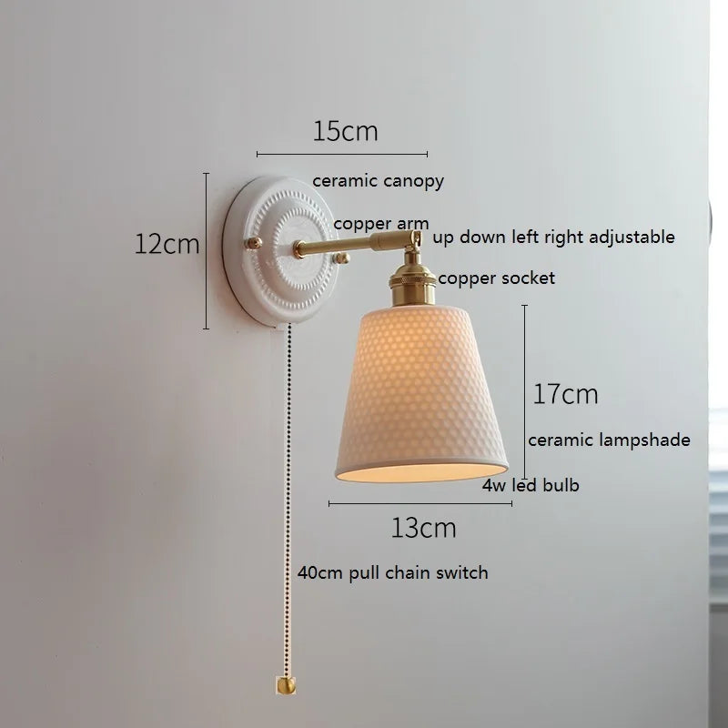 Helnys Ceramic LED Wall Sconce - Copper Arm, Adjustable Pull Chain Switch