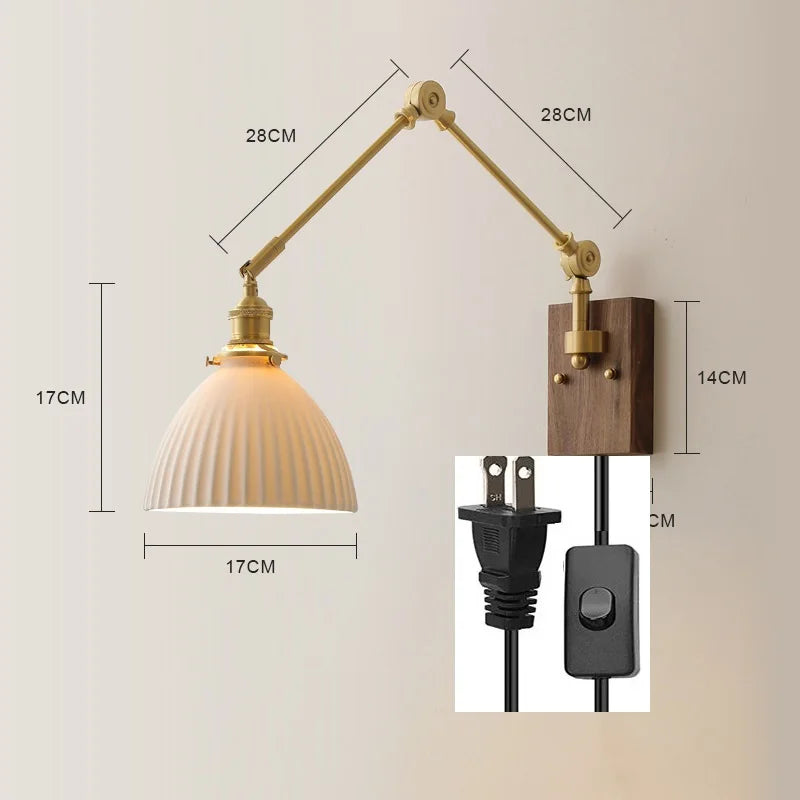Helnys Copper Swing Arm LED Wall Light with Pull Chain Switch and Walnut Canopy