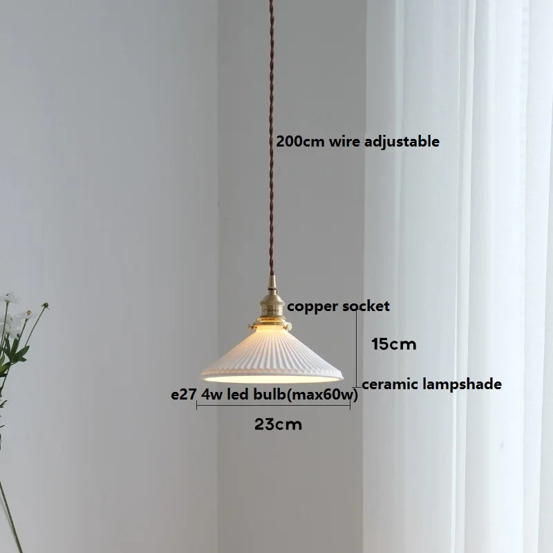 Helnys Ceramic LED Pendant Light with Wood Handle and Copper Socket