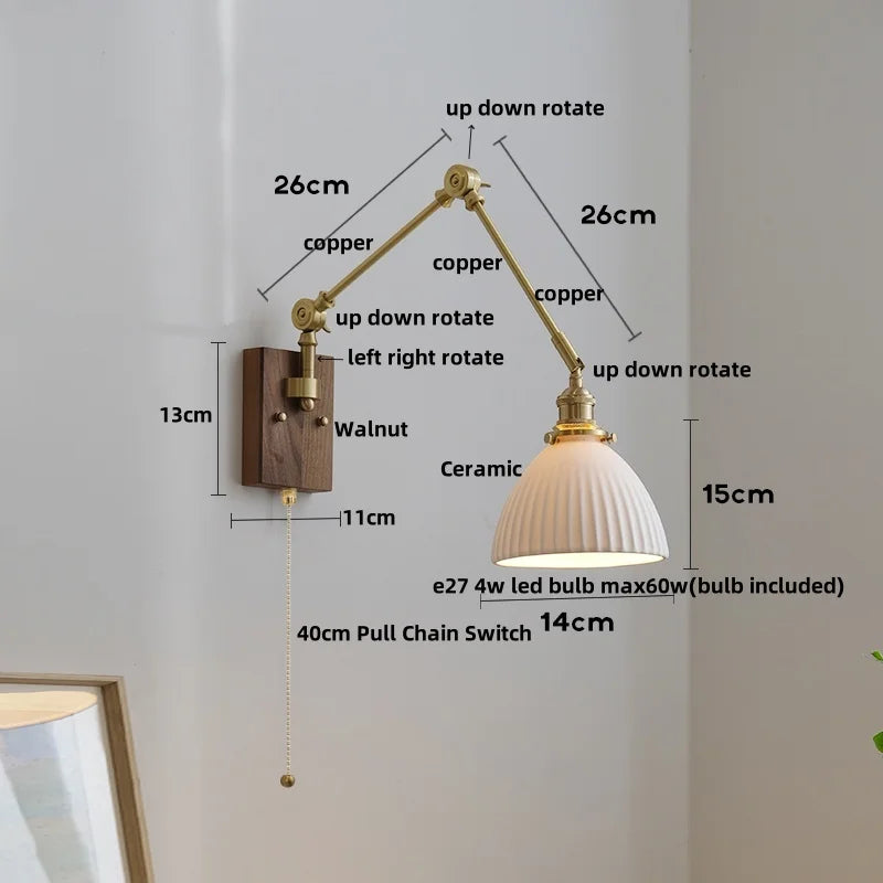 Helnys LED Rotatable Wall Lamp Fixture with Wood Design & Pull Chain Switch