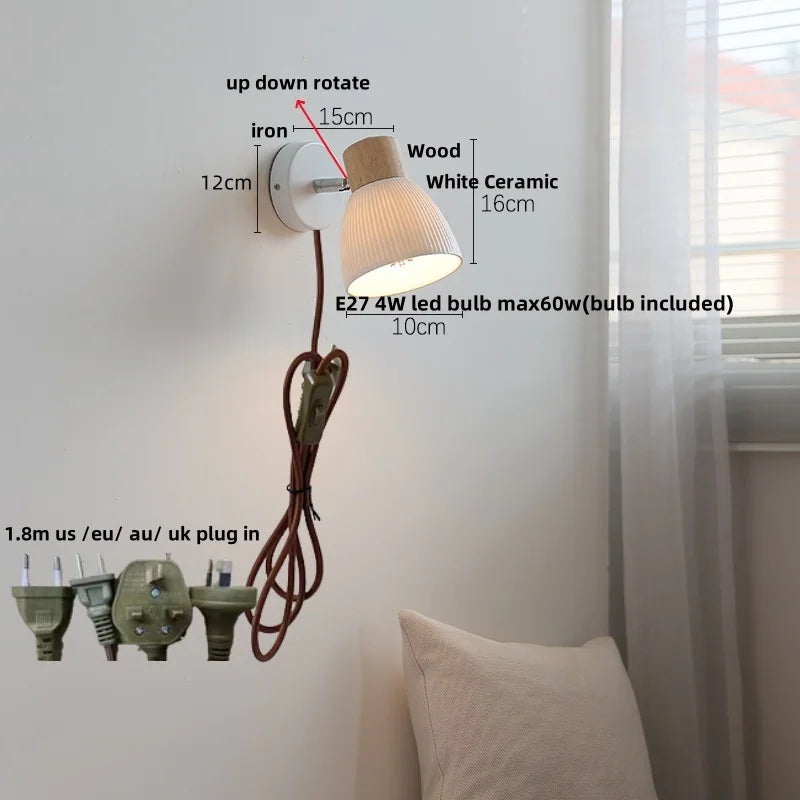Helnys White Ceramic LED Wall Lights with Pull Chain Switch - Modern Nordic Design