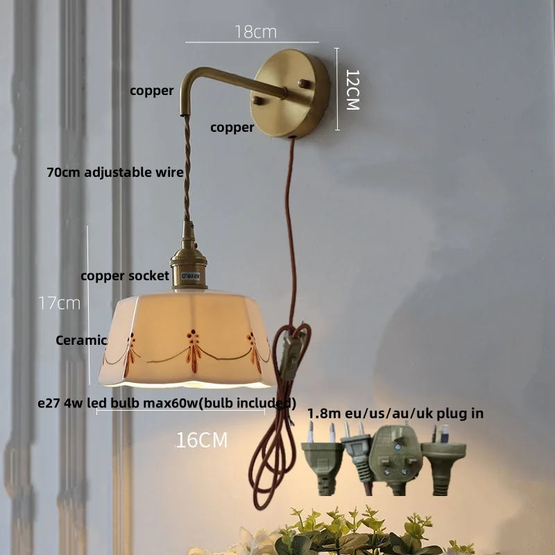 Helnys LED Ceramic Brass Wall Light Fixture Pull Chain Switch Bedside Lamp