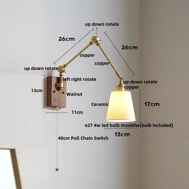 Helnys LED Rotatable Wall Lamp Fixture with Wood Design & Pull Chain Switch
