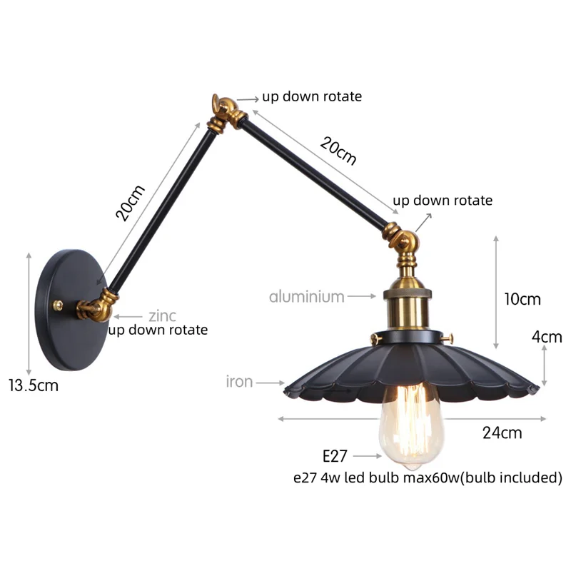 Helnys Adjustable Black Iron LED Wall Light - Industrial Vintage Bedside Lamp
