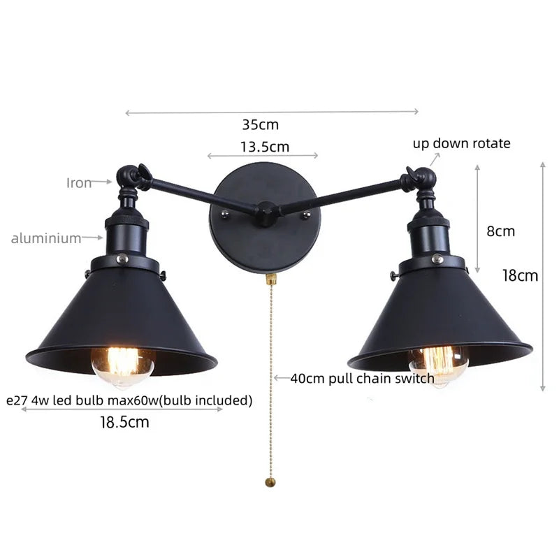 Helnys Industrial Vintage 2-Head LED Wall Light Gold Iron Loft Lamparas De Pared