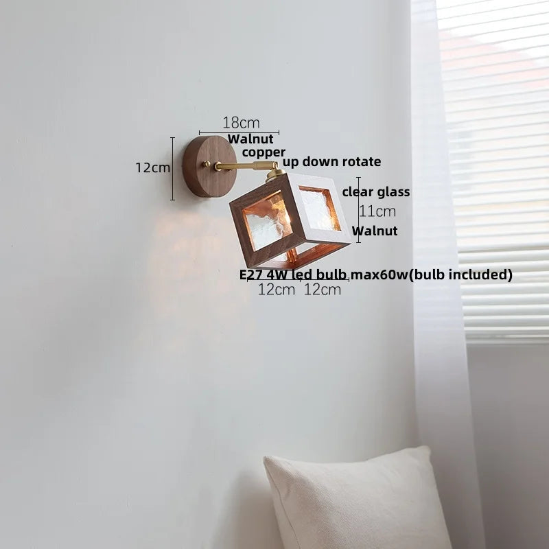 Helnys Clear Glass LED Wall Light Fixture Nordic Modern Walnut Wood Bedside Lamp