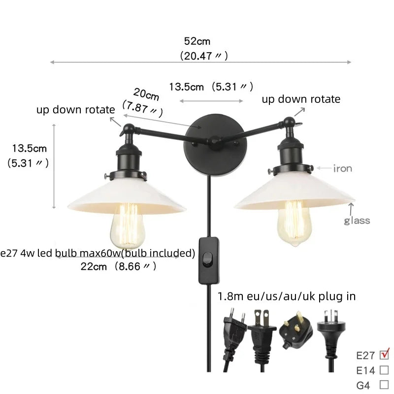 Helnys Industrial LED Wall Light with White Glass, Pull Chain Switch, 2 Heads