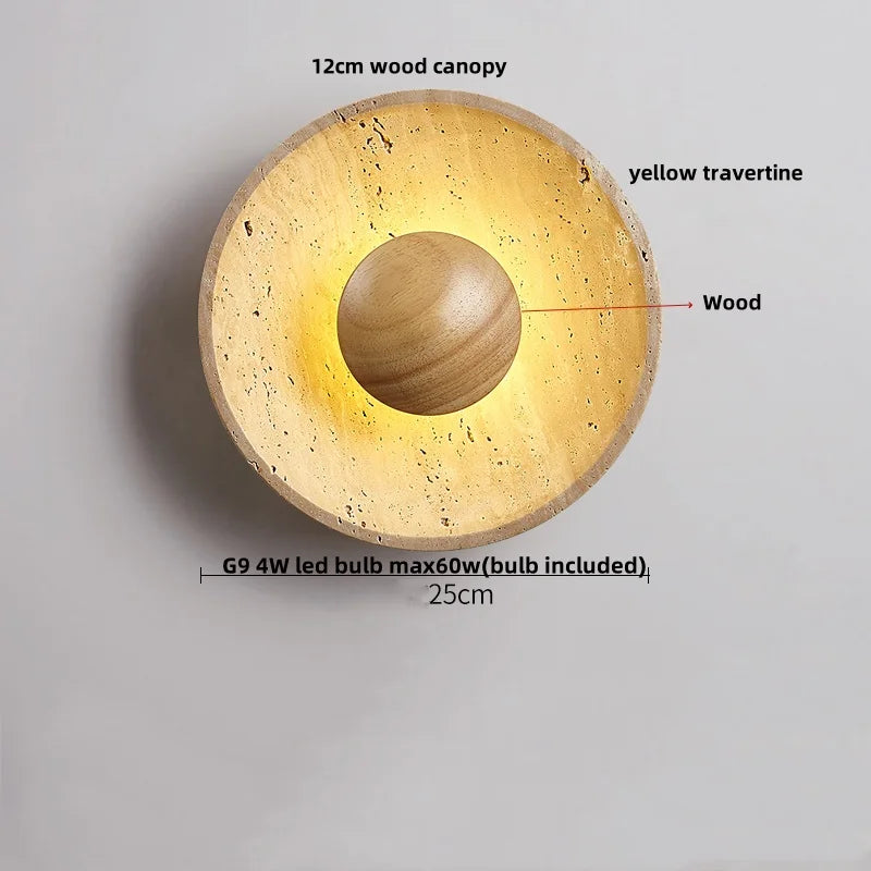 Helnys LED Wall Light Bedroom Yellow Travertine Wood Canopy Sconce Lampara