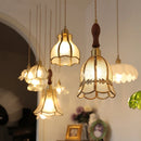 Helnys Tiffany Style LED Walnut Wood Copper Glass Pendant Light for Dining Room