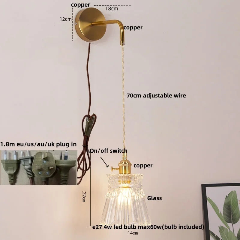 Helnys Clear Glass LED Wall Lamp with Pull Chain Switch for Modern Luxury Home Decor