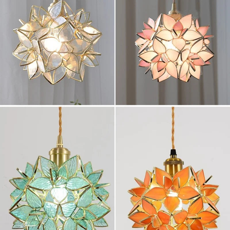 Helnys Flower Glass Pendant Lamp with Adjustable Wire, LED Dining Room Light