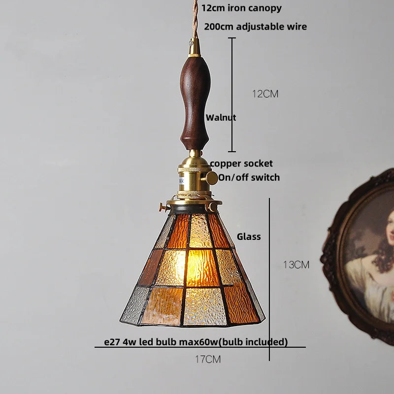 Helnys Brass Vintage LED Pendant Light Fixture Walnut Wood Glass Dining Room Lamp