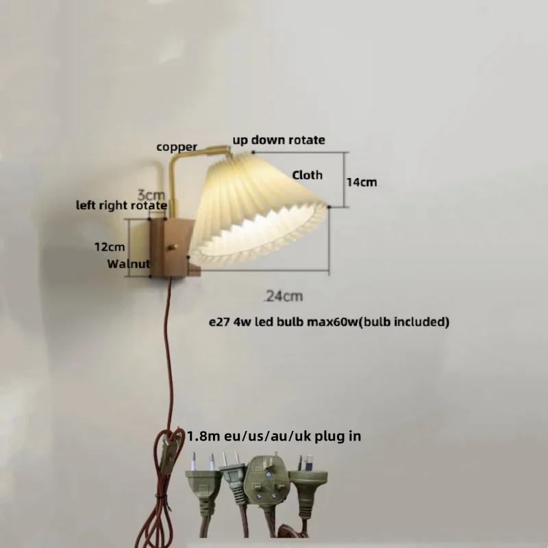Helnys LED Wall Light Fixture Walnut Wood Copper Bedside Lamp Rotation Dining Room