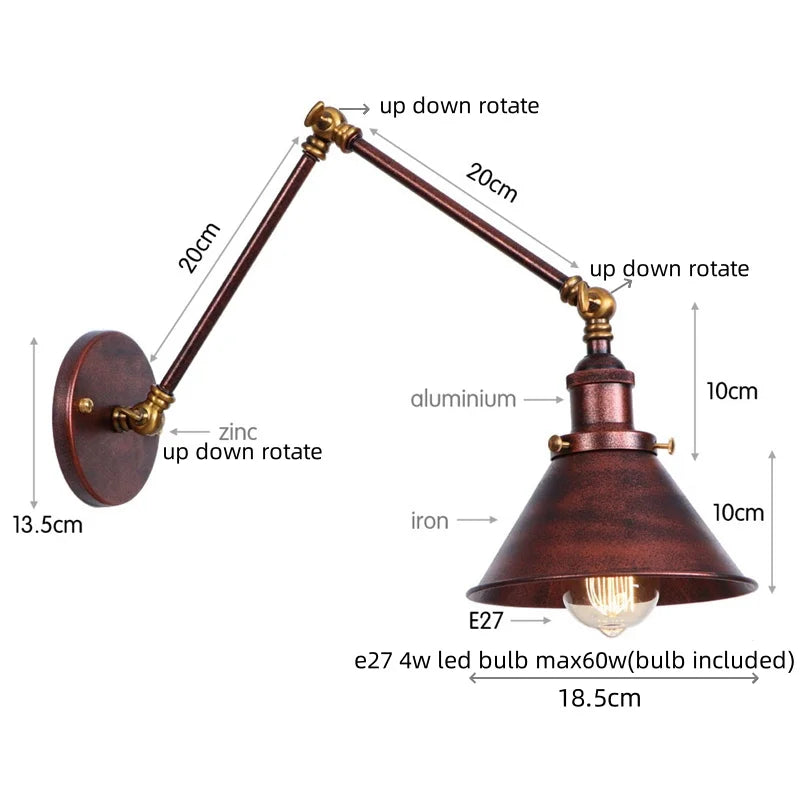 Helnys Vintage Iron LED Wall Lamp with Pull Chain Switch