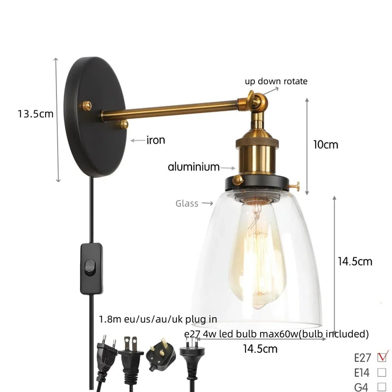 Helnys LED Wall Lamp Single Arm Glass Iron Vintage Retro Stair Light