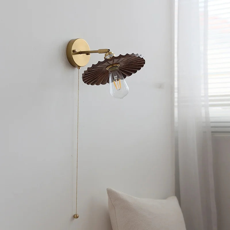 Helnys Nordic LED Wall Light Walnut Wood Copper Sconce with Pull Chain Switch