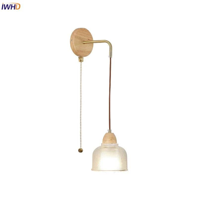 Helnys Wood Glass LED Wall Light Fixture with Pull Chain Switch