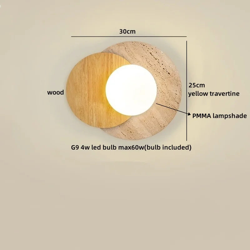 Helnys Round LED Wall Lamp Yellow Travertine Wood Modern Nordic Light